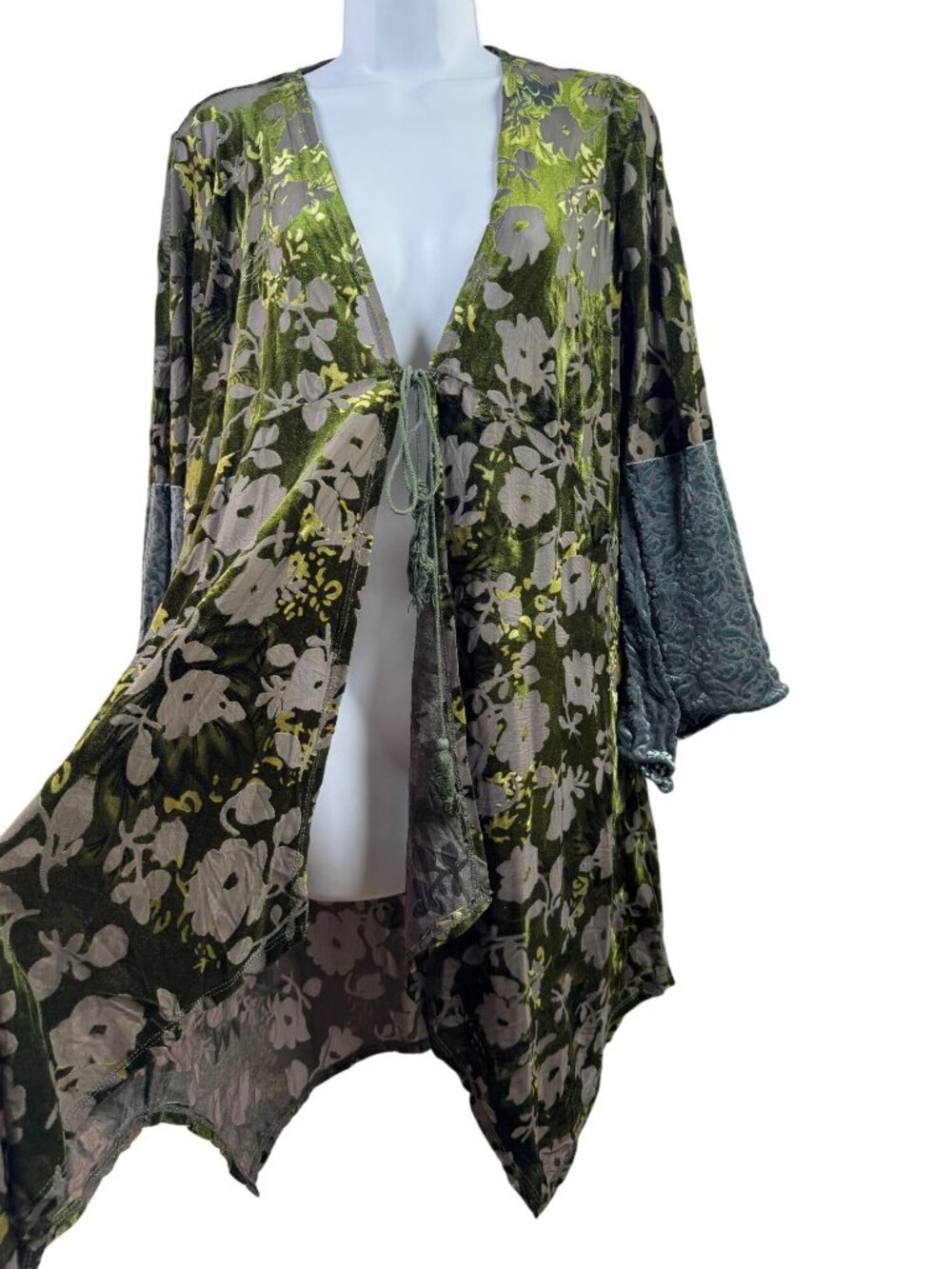 Mystree Green Floral Burnout Velvet Kimono Cardigan Small Earthy Fairy Goblincor